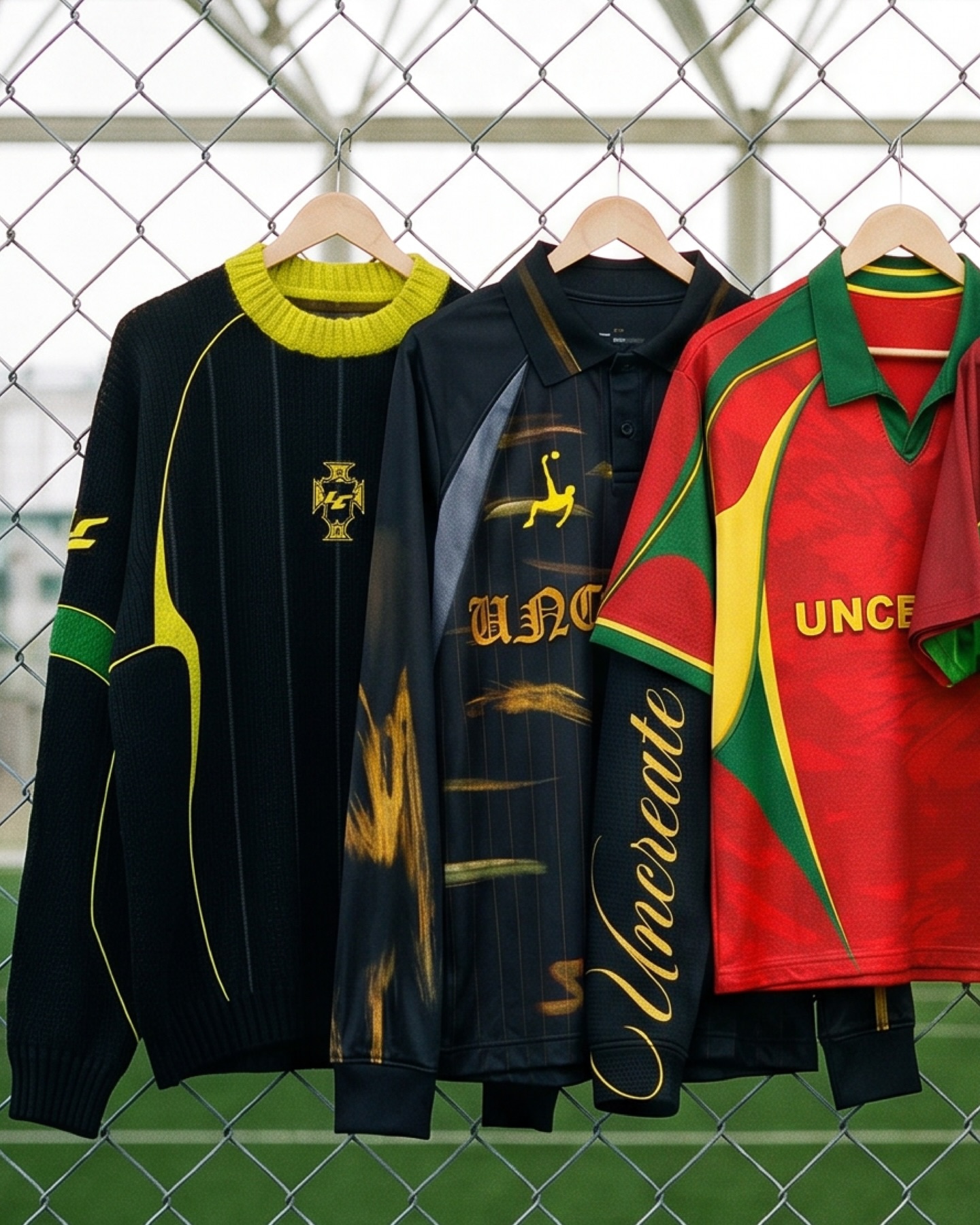 Red and green jersey set on a fence