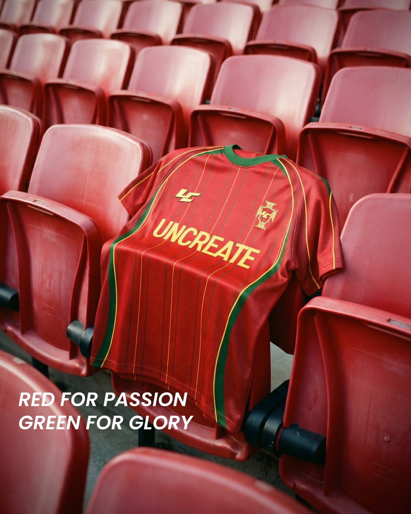 Red UNCREATE jersey on stadium seating