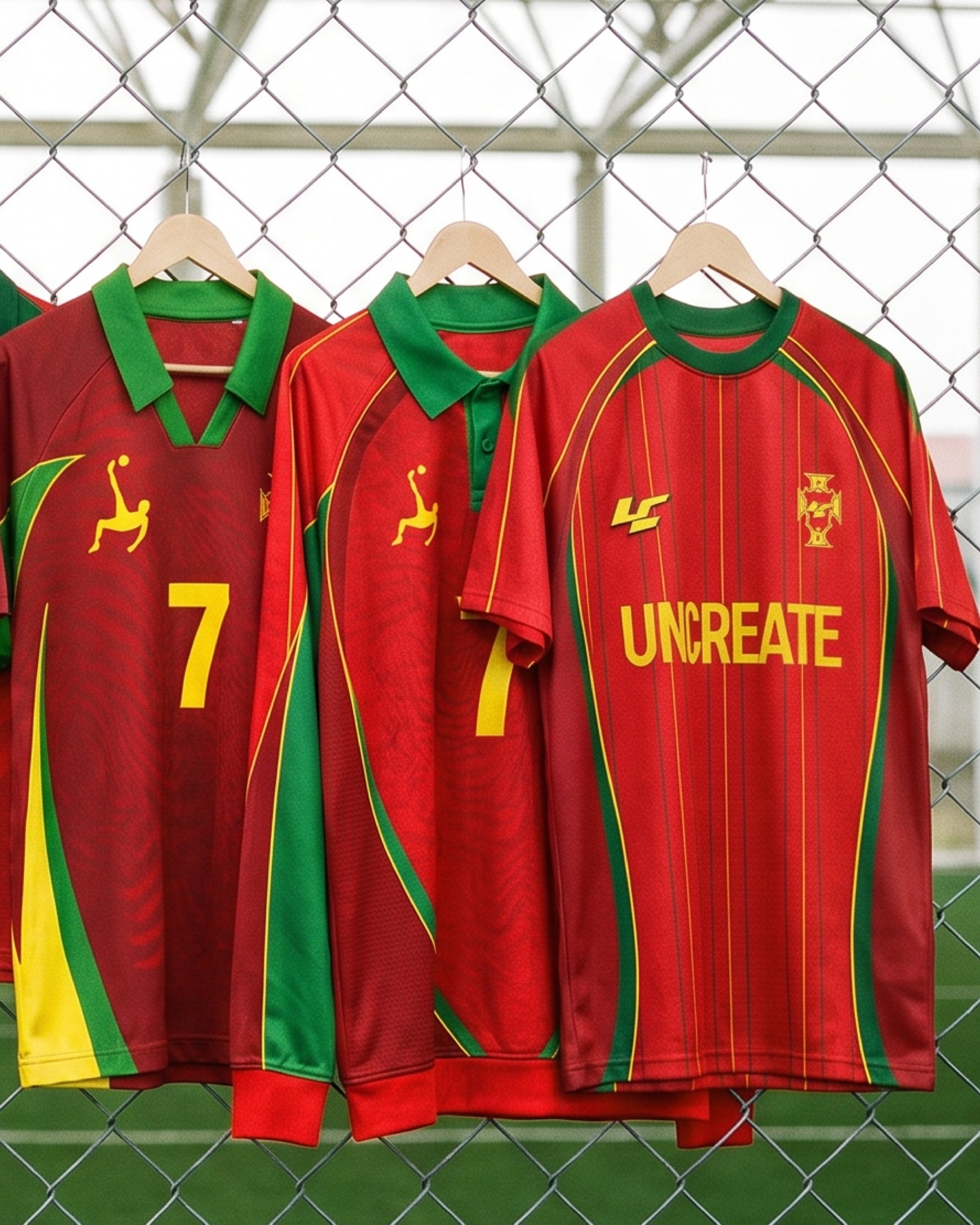 Red jersey lineup on a fence