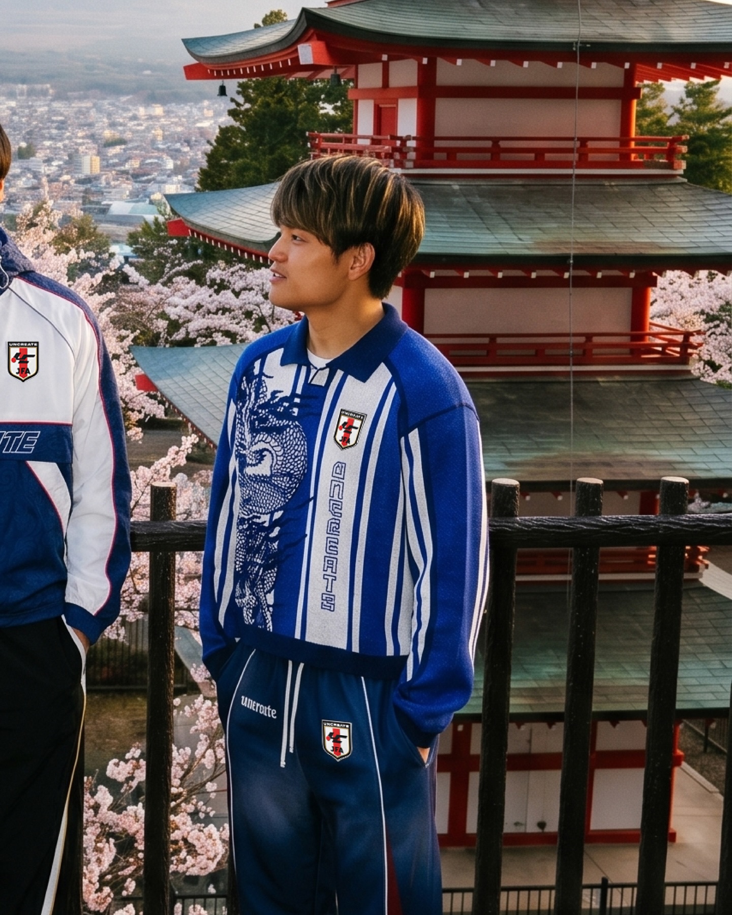 Blue and white UNCREATE jersey near temple architecture