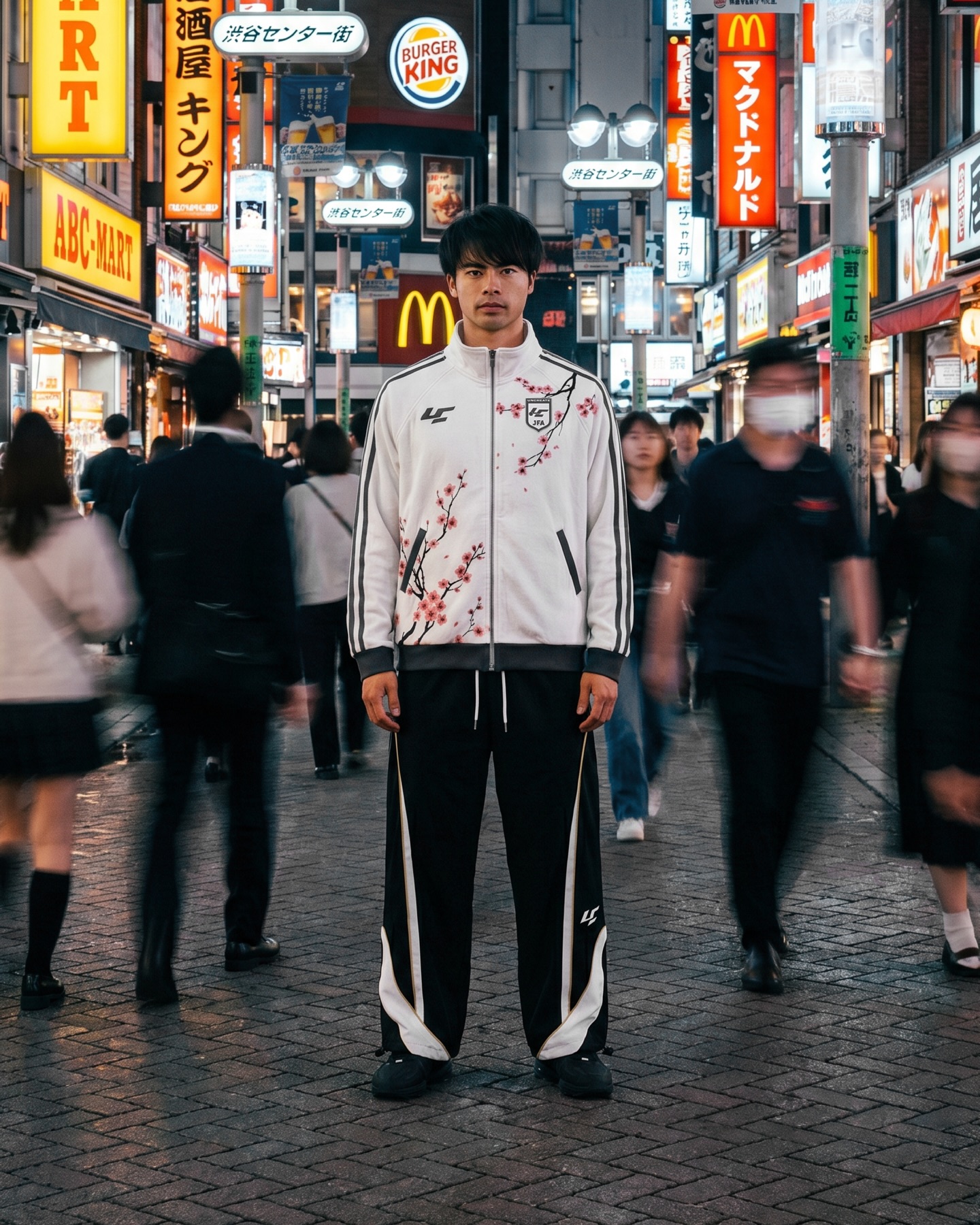 White jacket in city signage setting